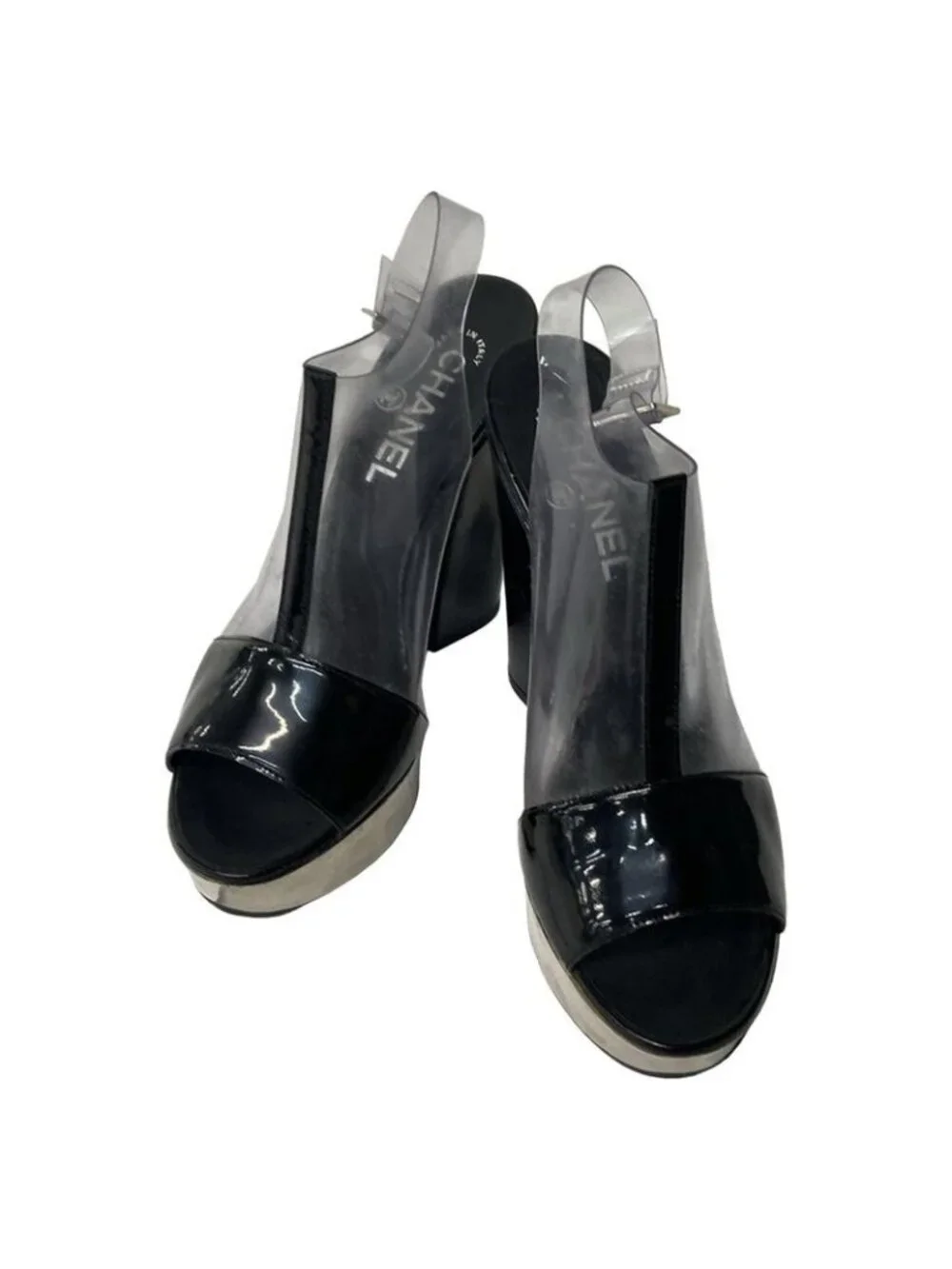 Chanel Sandals 36.5 Black Clear Wedge Sole Leather - Picture 2 of 6